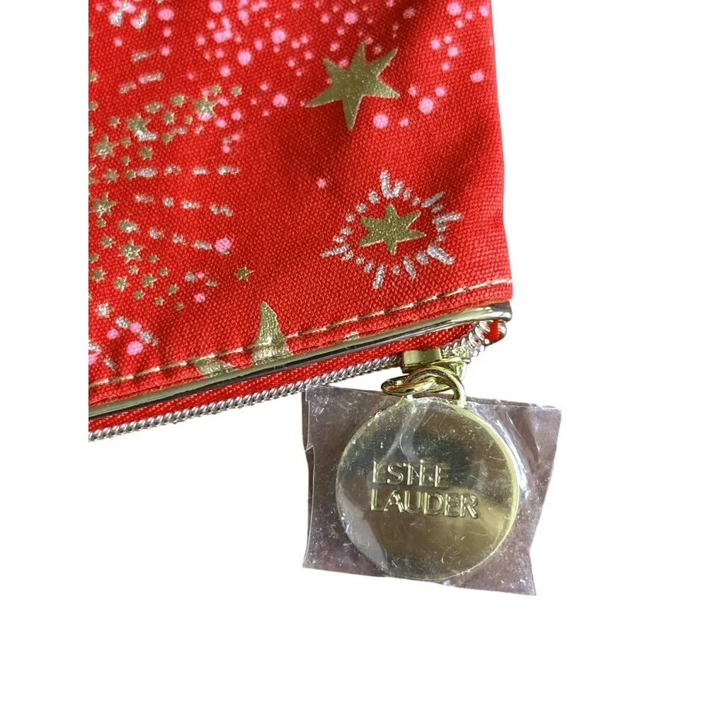 Estée Lauder Red & Gold Starburst Zip Top Cosmetic Bag + Bonus Lipstick